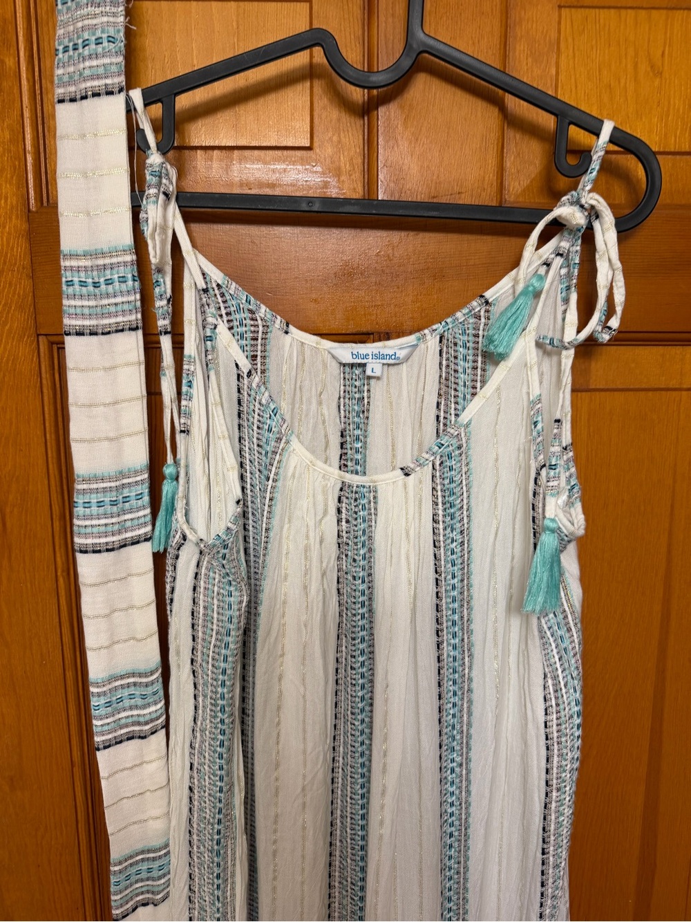 blue island Cream and Teal Striped Tie-Shoulder Camisole